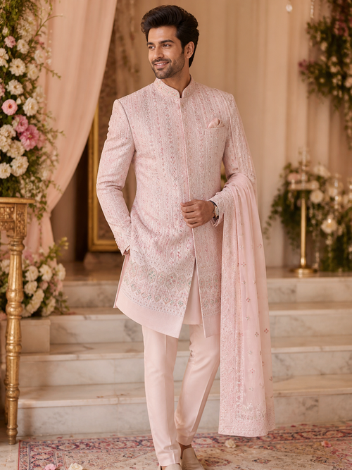 2 pc indo Western in Jodhpuri Suit style of Hi-end minutely embroidered embossed fabric with Stole Price👉🏻 (Rs 7990 ) and without Stole Price 👉🏻( Rs 6550 ) .Pure fabric georgette dyeable dupatta included in higher Priced indo i.e of ( Rs 7990 /-  )