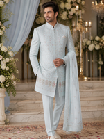 2 pc indo Western in Jodhpuri Suit style of Hi-end minutely embroidered embossed fabric with Stole Price👉🏻 (Rs 7990 ) and without Stole Price 👉🏻( Rs 6550 ) .Pure fabric georgette dyeable dupatta included in higher Priced indo i.e of ( Rs 7990 /-  )