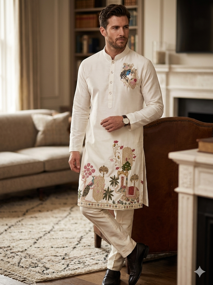 Unique Radha Krishna Embroidered kurta with elephant   Embroidery in the bottom portion