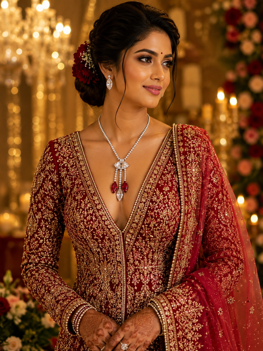 AD imperial maroon Diamond cut necklace with earrings