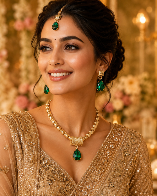 Gold Anti - Tarnish imitation jewellery necklace with earrings having green attractive stone embossed in both tuffs and shiftable necklace pendant