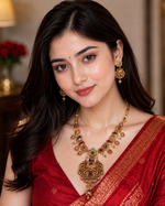 Golden necklace rajwadi sets ( Anti - Tarnish ) with minutely handcrafted meenakaari work of natural red and green color with earrings to embrace any dress or saree you want to wear