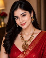 Golden necklace rajwadi sets ( Anti - Tarnish ) with minutely handcrafted meenakaari work of natural red and green color with earrings to embrace any dress or saree you want to wear
