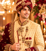 Rajwada Men Sherwani with Dupatta and matching Saafa to enlighten your wedding day in the most special way