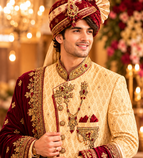 Rajwada Men Sherwani with Dupatta and matching Saafa to enlighten your wedding day in the most special way