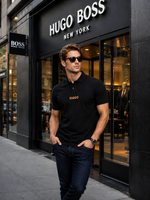 Hg Boss T-shirt with a fire 🔥 print embossed logo in a prominent appealing style . High end Matty mercerised Cotton Polo T-shirt with a classic curvilinear fit .
