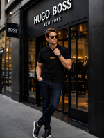 Hg Boss T-shirt with a fire 🔥 print embossed logo in a prominent appealing style . High end Matty mercerised Cotton Polo T-shirt with a classic curvilinear fit .