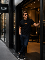 Hg Boss T-shirt with a fire 🔥 print embossed logo in a prominent appealing style . High end Matty mercerised Cotton Polo T-shirt with a classic curvilinear fit .