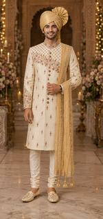 Golden ivory color Sherwani with rani pink color handwork embroidery in it to give the groom a very sleek & trendy look on the wedding day .