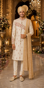 Golden ivory color Sherwani with rani pink color handwork embroidery in it to give the groom a very sleek & trendy look on the wedding day .