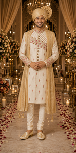 Golden ivory color Sherwani with rani pink color handwork embroidery in it to give the groom a very sleek & trendy look on the wedding day .
