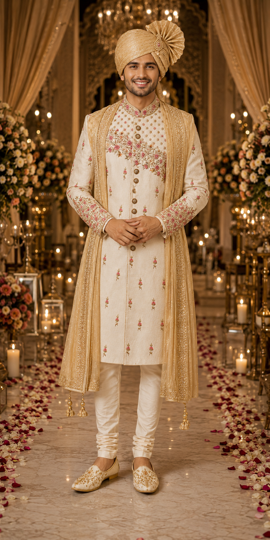 Golden ivory color Sherwani with rani pink color handwork embroidery in it to give the groom a very sleek & trendy look on the wedding day .