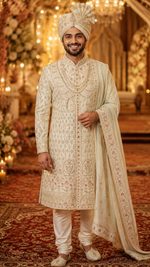 ShreeMaan fully hand embroidered sherwani with minutely crafted katdaana work to embrace your presence on the much awaited wedding night look .