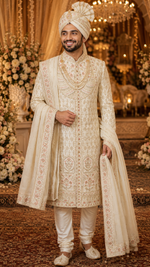 ShreeMaan fully hand embroidered sherwani with minutely crafted katdaana work to embrace your presence on the much awaited wedding night look .