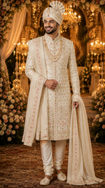 ShreeMaan fully hand embroidered sherwani with minutely crafted katdaana work to embrace your presence on the much awaited wedding night look .